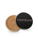 Loose mineral foundation powder with open compact case, beige-brown loose powder inside