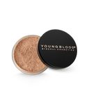 Loose mineral foundation compact with open powder pan and black lid, warm beige powder