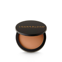 Pressed mineral rice powder compact in tan shade, black lid with mirror pan