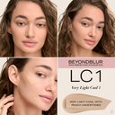 BeyondBlur Skin Perfecting Foundation shade LC1 very light cool 1; bottle and cheek swatch.