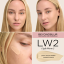 BeyondBlur Skin Perfecting Foundation shade LW2 light warm 2; bottle and cheek swatch.