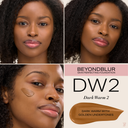 BeyondBlur Skin Perfecting Foundation shade DW2 dark warm 2; bottle and cheek swatch.