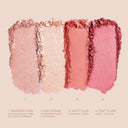 4-pan shimmery makeup palette with peach, champagne, coral, and dusty rose swatches