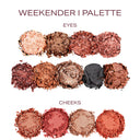 Makeup color palette swatches in warm peach, rose, and brown tones for eyes and cheeks