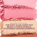 Pressed makeup swatches showing pink, rose, and nude tones with a soft powdery texture