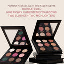 Double-sided face makeup palette with eyeshadow, blush, and highlighter pans in warm shades