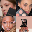 Makeup palette with swatch shades alongside models showing blended eye and cheek color