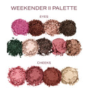Eyeshadow and blush color swatches palette layout, warm pink, brown, green, and tan tones