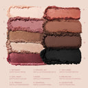 Selection of cream and powder swatches in beige, mauve, brown, and black tones