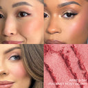 Rosy pink shimmering blush on cheeks in a before-and-after split face view