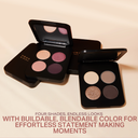 Pressed mineral eyeshadow quad set, showing two open quads with peach, rose, burgundy, taupe tones