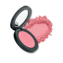 Compact blush with mirror and pink powder on a white background