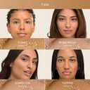 Mineral loose foundation on faces, tan shade range shown