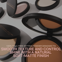 Pressed mineral rice powder compact with open pan showing tan and medium shades