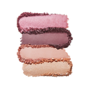 Four pressed eyeshadow shades swatched: pink shimmer, mauve, rose, champagne-beige