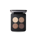 Pressed eyeshadow quad with cream, taupe, bronze shimmer, and deep mauve-brown matte pans