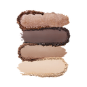 Four pressed eyeshadow shades swatched: warm brown, cocoa plum, tan, pale beige