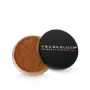 Loose mineral foundation compact with dark brown powder and black Youngblood lid.