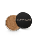 Loose mineral foundation compact with black lid, beige powder in open round pan