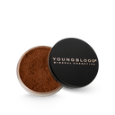 Mineral loose foundation compact showing dark brown powder with black Youngblood lid.