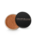 Loose mineral foundation compact with open pan, medium brown-beige loose powder