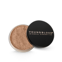 Loose mineral foundation compact with lid beside pan, beige-brown powder visible