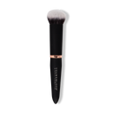 Foundation makeup brush with black handle, rose-gold band, and soft white bristles